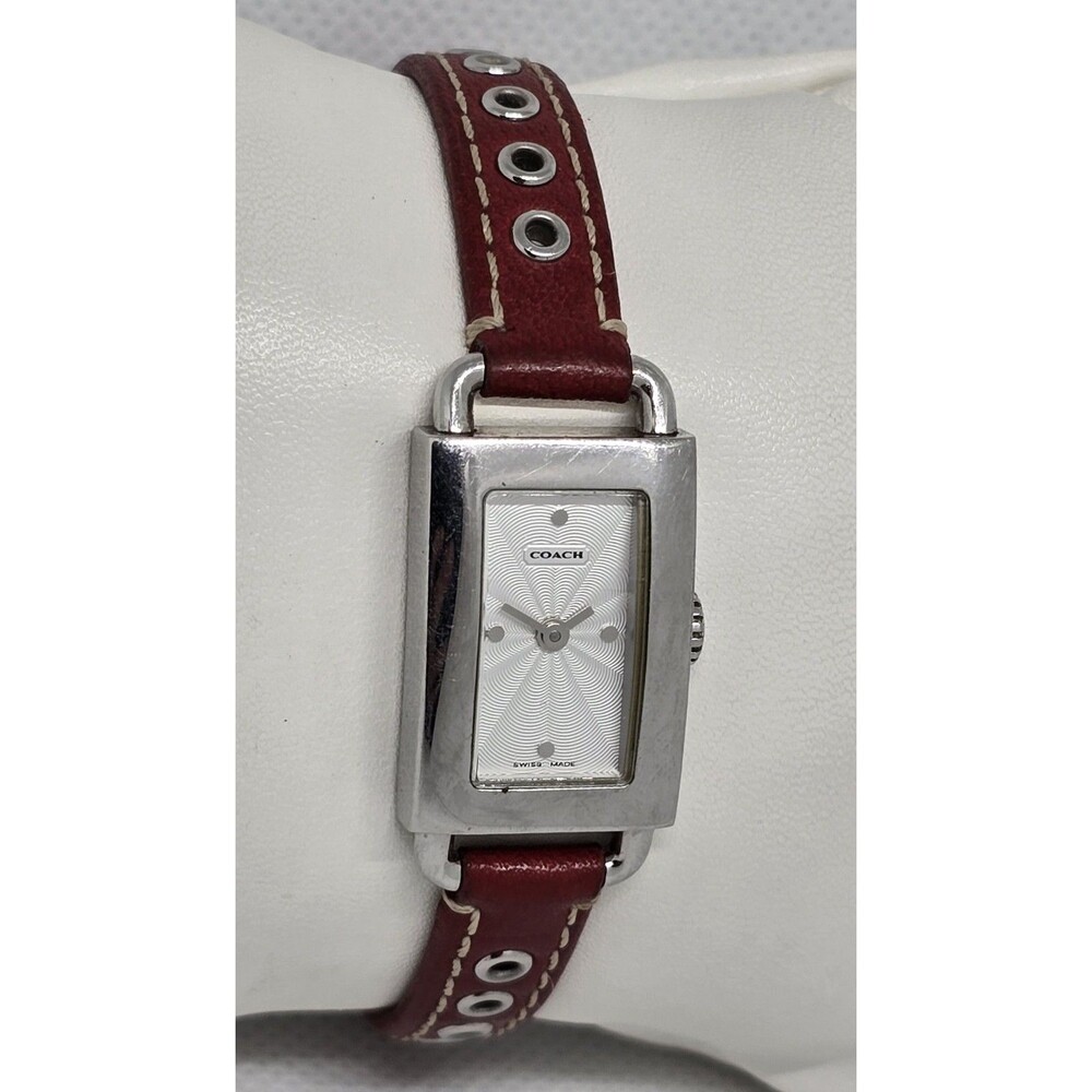 Women's Coach Petite Tank Silver Tone Red Leather Strap Watch 0219 14 - Picture 3 of 9